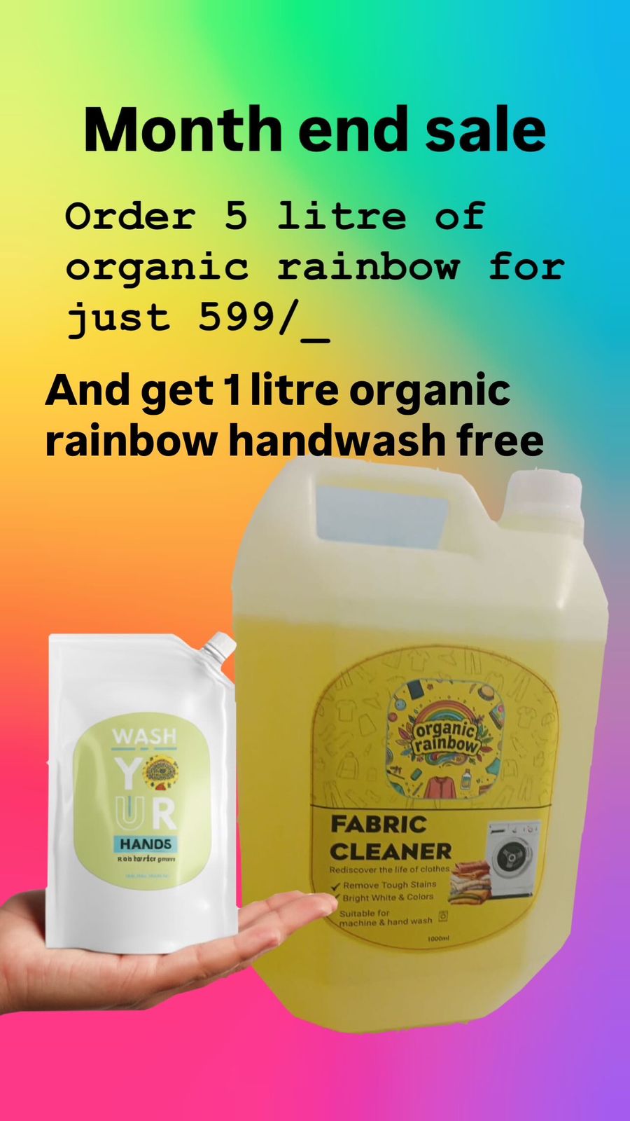 Eco Organic Rainbow Fabric Cleaner – Zesty Lemon Freshness 5LTR+ Organic Rainbow Handwash 1 Ltr